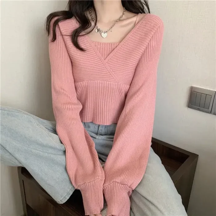 Long-Sleeve Mock Two-Piece Ribbed Knit Top - Image 5