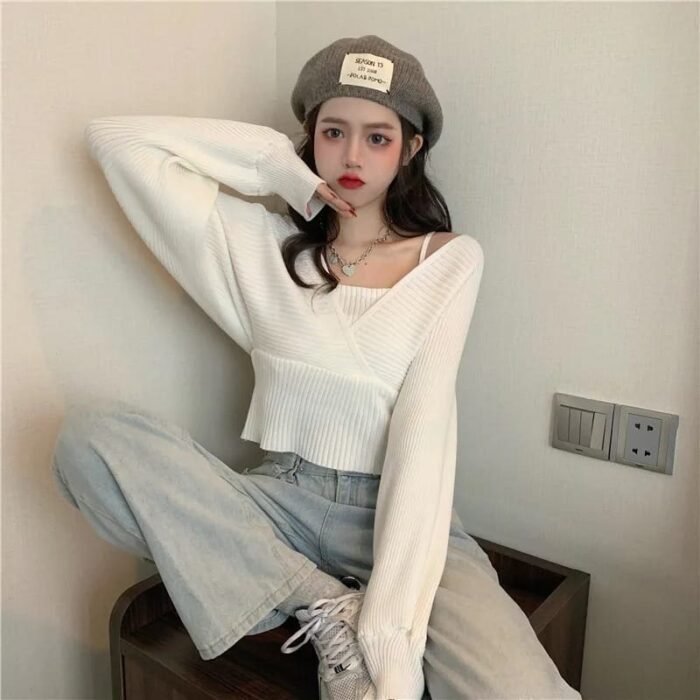 Long-Sleeve Mock Two-Piece Ribbed Knit Top - Image 4