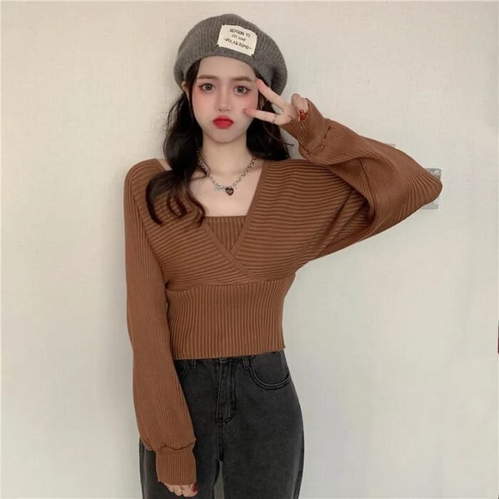 Long-Sleeve Mock Two-Piece Ribbed Knit Top - Image 3