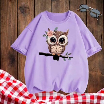 Owl Print Pure Cotton Women Crew Neck Loose Top Tees