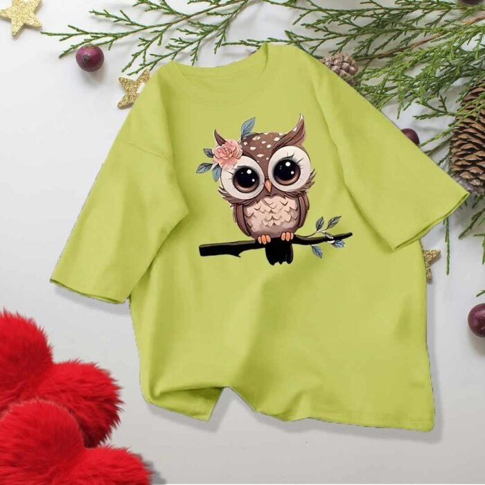Owl Print Pure Cotton Women Crew Neck Loose Top Tees - Image 3