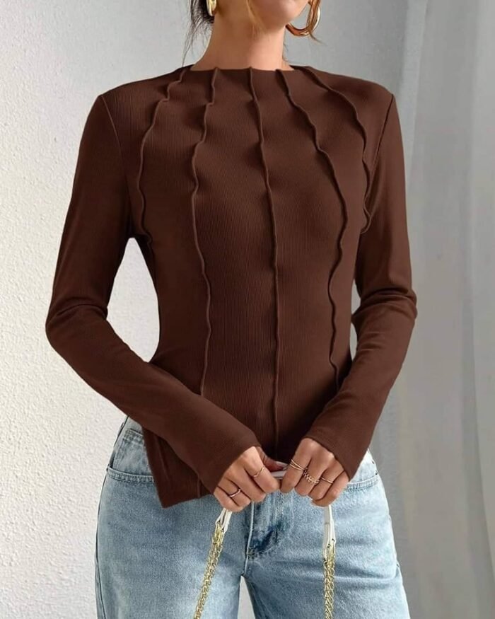 Round Neck Long Sleeve Women Tops of Reversed Seams - Image 8