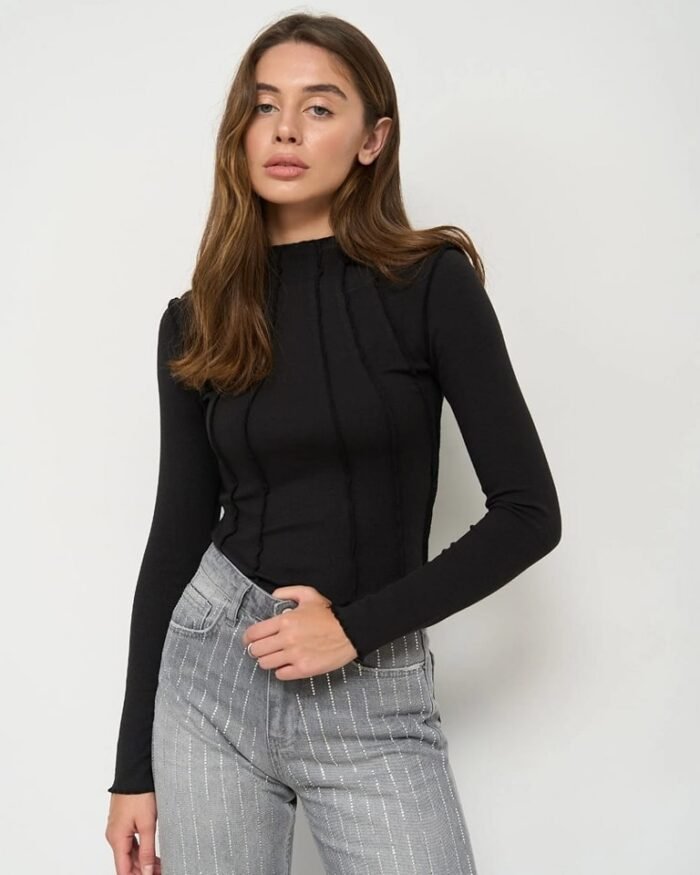 Round Neck Long Sleeve Women Tops of Reversed Seams - Image 3