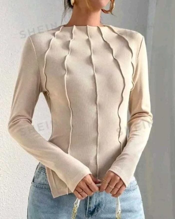 Round Neck Long Sleeve Women Tops of Reversed Seams - Image 5