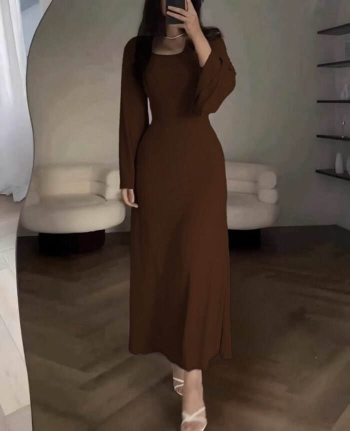 Crew Neck Long Dress Elegant Long Sleeve Ribbed Bodycon - Image 10