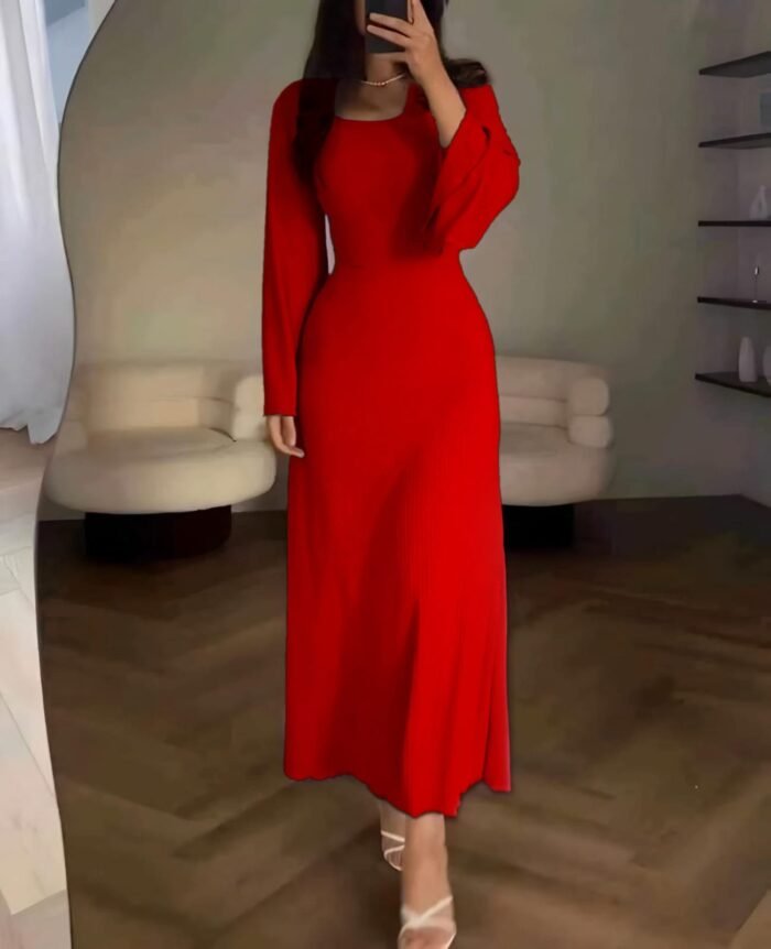 Crew Neck Long Dress Elegant Long Sleeve Ribbed Bodycon - Image 11