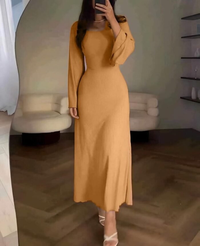 Crew Neck Long Dress Elegant Long Sleeve Ribbed Bodycon - Image 5
