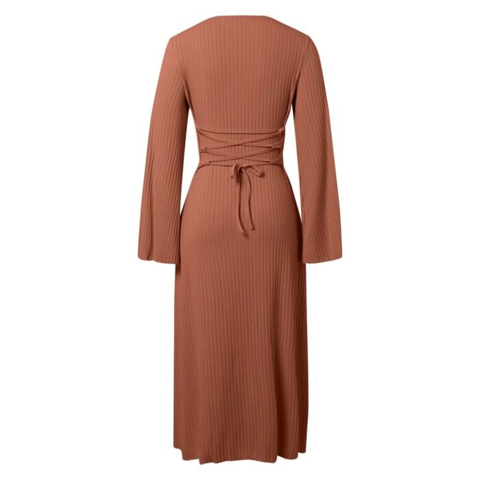Crew Neck Long Dress Elegant Long Sleeve Ribbed Bodycon - Image 9