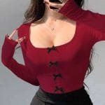 Short Tight Bowknot Design Long Sleeve Top For Women