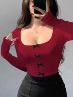 Short Tight Bowknot Design Long Sleeve Top For Women