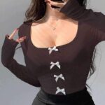 Short Tight Bowknot Design Long Sleeve Top For Women - Image 9