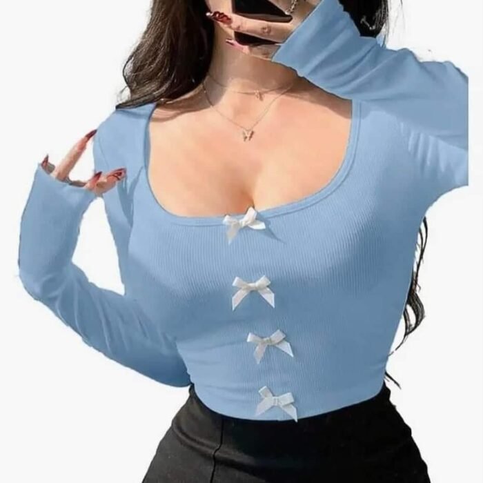Short Tight Bowknot Design Long Sleeve Top For Women - Image 8