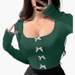 Short Tight Bowknot Design Long Sleeve Top For Women - Image 7