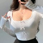 Short Tight Bowknot Design Long Sleeve Top For Women - Image 6