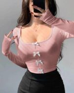 Short Tight Bowknot Design Long Sleeve Top For Women - Image 3