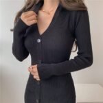 Ribbed Knit Sweater Dress Casual  V Neck Pullover Sweater