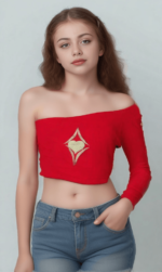 Stylish Off-Shoulder Red Crop Top with Golden Embellishment - Image 2