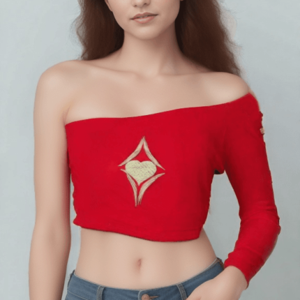 Stylish Off-Shoulder Red Crop Top with Golden Embellishment