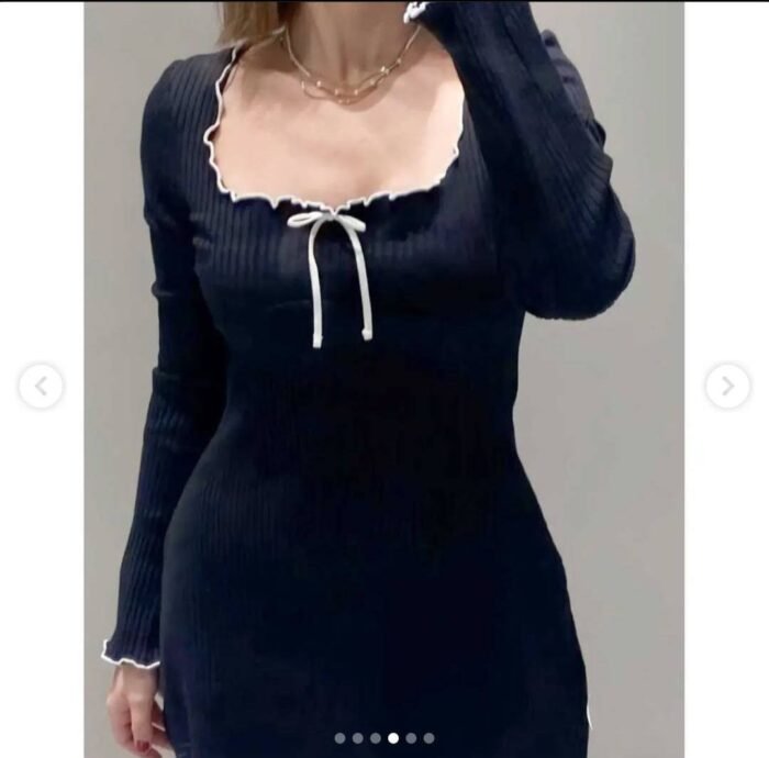 Long Sleeve Contrast Trim Casual Square Neck Bow tops - Image 3