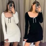 Long Sleeve Contrast Trim Casual Square Neck Bow tops