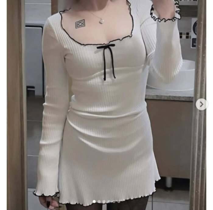 Long Sleeve Contrast Trim Casual Square Neck Bow tops - Image 2