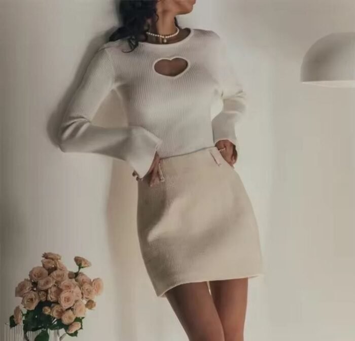 Fall Winter 2023 Heart Cut Out Ribbed Knit Tops for Women Elegant Flare Sleeve Sexy Slim Tops - Image 7
