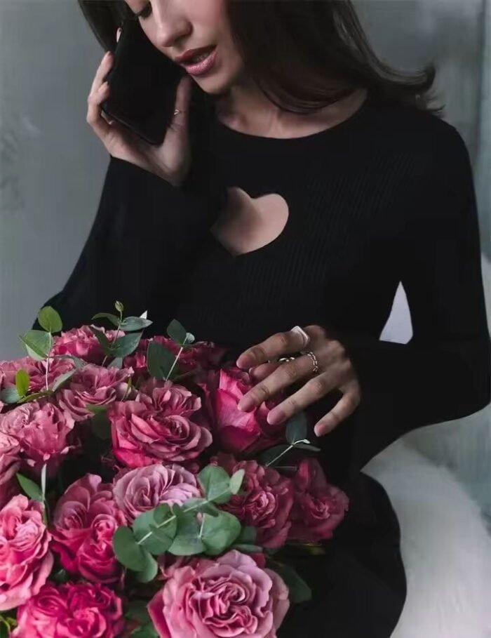 Fall Winter 2023 Heart Cut Out Ribbed Knit Tops for Women Elegant Flare Sleeve Sexy Slim Tops - Image 8