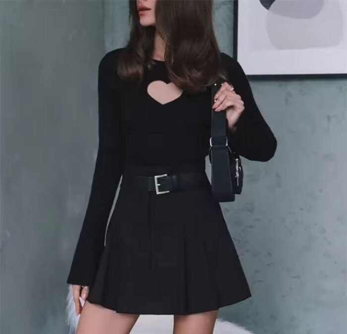 Fall Winter 2023 Heart Cut Out Ribbed Knit Tops for Women Elegant Flare Sleeve Sexy Slim Tops - Image 3