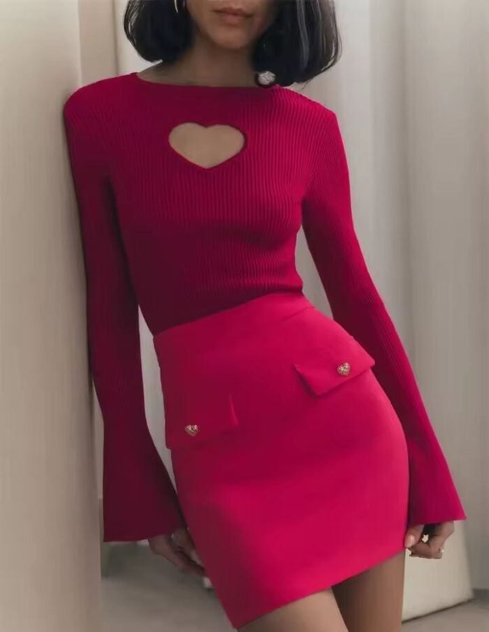 Fall Winter 2023 Heart Cut Out Ribbed Knit Tops for Women Elegant Flare Sleeve Sexy Slim Tops - Image 5