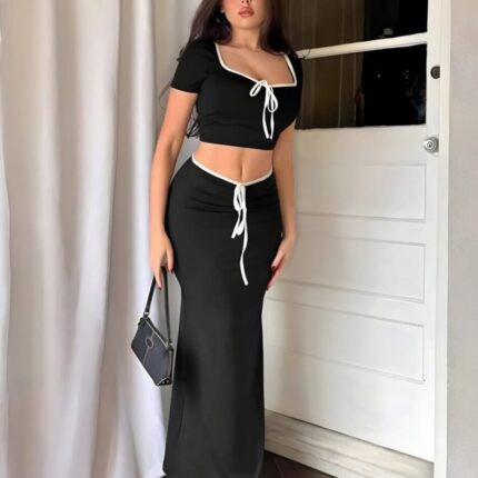 Solid Ribbed Top & Skirt Set