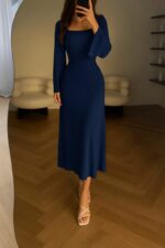 Crew Neck Long Dress Elegant Long Sleeve Ribbed Bodycon - Image 3