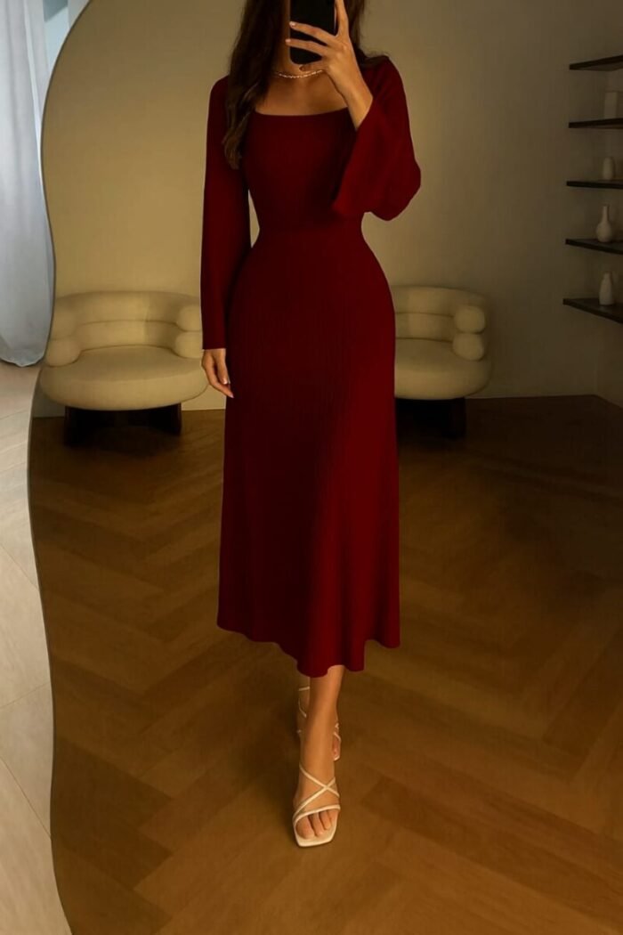 Crew Neck Long Dress Elegant Long Sleeve Ribbed Bodycon - Image 2