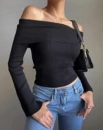 Elegant Ribbed Off-Shoulder Top - Image 3