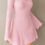 Baby Pink Ribbed Knit Flare Sleeve A-Line Mini Dress