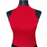 Red Ribbed Mock Neck Crop Top for Women