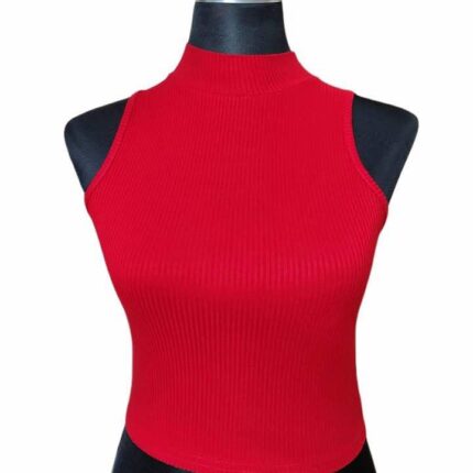 Red Ribbed Mock Neck Crop Top for Women