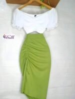 Chic Ruched Two-Piece Set – Off-Shoulder Crop Top & Draped Midi Skirt