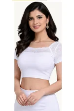 Lace Neck Short Sleeve Stretch Crop Top for Women - Image 2