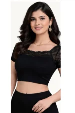 Lace Neck Short Sleeve Stretch Crop Top for Women - Image 3