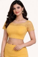 Lace Neck Short Sleeve Stretch Crop Top for Women