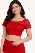 Lace Neck Short Sleeve Stretch Crop Top for Women - Image 4