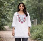 Light Grey Floral Embroidered Straight Kurti for Women - Image 2