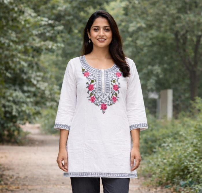 Light Grey Floral Embroidered Straight Kurti for Women - Image 2