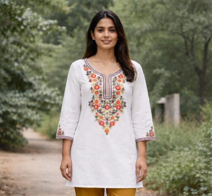 White Floral Embroidered Straight Kurti - Image 2