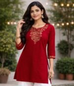 Red Embroidered Straight Kurti for Women - Image 2