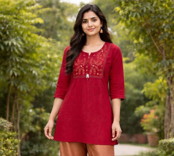 Red Embroidered Yoke Design Kurti for Women - Image 2