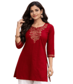 Red Embroidered Straight Kurti for Women