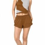 Color Block Twist Crop Top & Running Shorts Co-Ord Set (Grey & Brown)