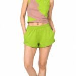 Color Block Twist Crop Top & Running Shorts Co-Ord Set (Lime Green & Pink)