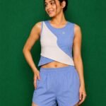 Color Block Twist Crop Top & Running Shorts Co-Ord Set (Baby Blue & White)